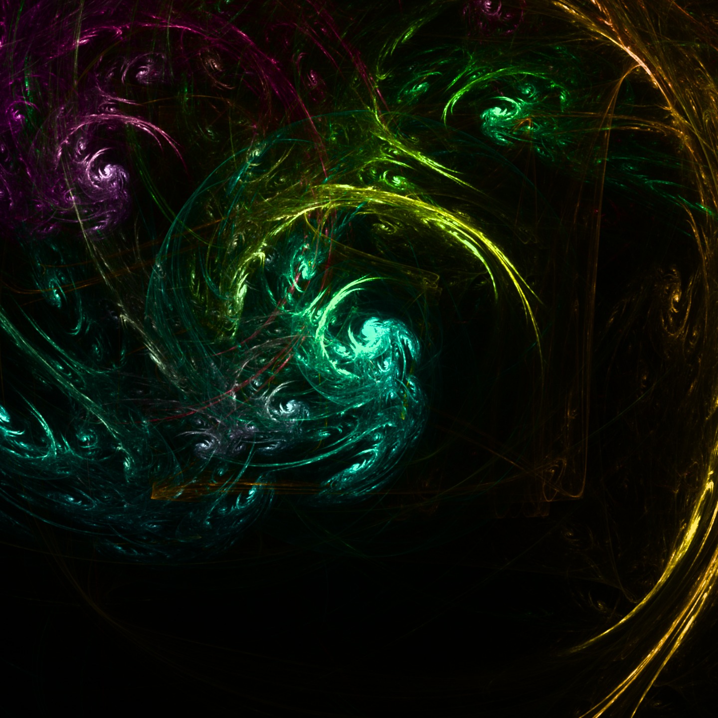 A multicolored IFS fractal flame — magenta, teal, and gold filaments swirling on black — rendered in Lumen Apeiron
